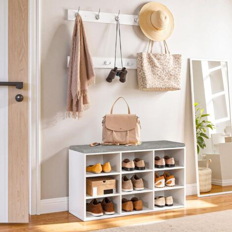Shoe Storage Bench with Cushion and Coat Hooks, Shoe Rack Bench with Padded Seat, 80 cm Coat Rack for Hallway, 9 Compartments, Storage Cabinet for Bedroom, Living Room, White EWT98RHX01,HOOBRO