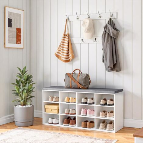 Shoe Storage Bench with Cushion and Coat Hooks, Shoe Rack Bench with Padded Seat, 100 cm Coat Rack for Hallway, 12 Compartments, Storage Cabinet for Bedroom, Living Room, White,HOOBRO