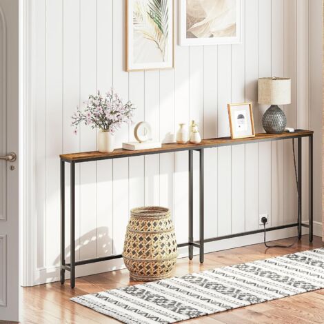 Narrow Console Table with Charging Station, 200 cm Behind Sofa Table, Long Hallway Table, Slim Console Table for Hallway, Bedroom, Living Room, Rustic Brown and Black EBF205KXG01,HOOBRO