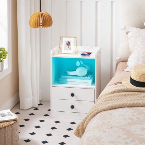 Bedside Table with Charging Station, Side Table with Adjustable LED Lights, Nightstand with 2 Drawers for Bedroom, Living Room, Cloakroom, Modern Style, White EWT28KDBZ01G1,HOOBRO (1/5)