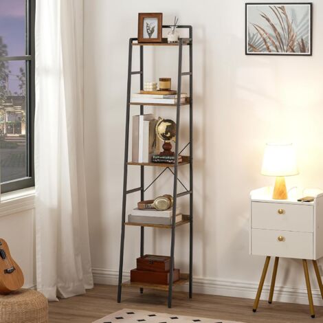 Ladder Shelf, Tall Narrow Bookcase, 5-Tier Book Shelf with Metal Frame, Tall Storage Shelf, Industrial Storage Unit for Home Office, Living Room, Bedroom, Rustic Brown and Black EBF35SJ01,HOOBRO