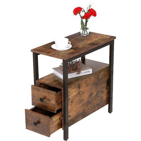 Narrow Side Table, Slim Bedside Table with 2 Drawers, Open Storage Shelf, Industrial Chair Side Lamp End Table for Small Space, Dark Wood Bedroom Furniture, Metal Frame, HOOBRO EBF54BZ01 - Rustic Brown