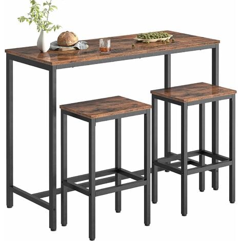 Bar Table and Stools Set, 120 cm Breakfast Bar Table High and Chairs Set, Kitchen Pub Table and 2 Bar Stools, for Small Space, Living Room, Dining Room, Industrial, HOOBRO EBF52BT01 - Rustic Brown