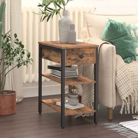 Narrow Side Table, Slim Bedside Table with Drawer, Industrial End Table with 3-tier Storage Shelves, Dark Wood Nightstand, for Small Space, Living Room, Bedroom, Hallway, HOOBRO EBF84BZ01 - Rustic Brown