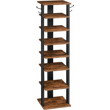 Shoe Rack 8-Tier, Wood Shoe Shelf, Narrow Shoe Storage Organizer with 2 Hooks, Tall Shoe Stand for Entrance, Hallway, Living Room, Stable and Strong, Industrial, HOOBRO EBF07XJ01