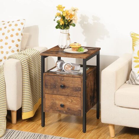 Bedside Table with 2 Drawers, Industrial Sofa Side End Table, Nightstand, End Table with Storage Shelves, for Living Room, Bedroom, Accent Furniture, Easy Assembly, HOOBRO EBF43BZ01G2