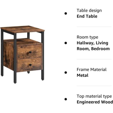 Bedside Table with 2 Drawers, Industrial Sofa Side End Table, Nightstand, End Table with Storage Shelves, for Living Room, Bedroom, Accent Furniture, Easy Assembly, HOOBRO EBF43BZ01G2