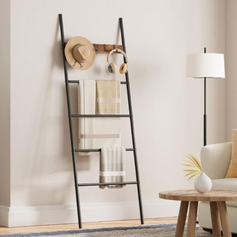 Towel Rack, Blanket Ladder, Leaning Ladder Rack, Bathroom Towel Rack, with 5 Crossbars and 5 Hooks, Strong Storage Function, Metal Frame, Stable, Industrial, HOOBRO EBF60CJ01