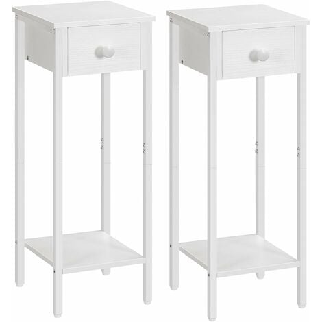 Slim Bedside Table Set of 2 Tall Bedside Table with Drawer Metal Frame White Small Side Table Telephone Table for Small Spaces Narrow