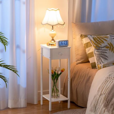 Slim Bedside Table, Set of 2, Tall Bedside Table with Drawer, Metal Frame, White Small Side Table, Telephone Table for Small Spaces, Narrow Nightstand, HOOBRO EWT77BZP201
