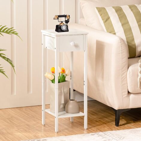 Slim Bedside Table, Set of 2, Tall Bedside Table with Drawer, Metal Frame, White Small Side Table, Telephone Table for Small Spaces, Narrow Nightstand, HOOBRO EWT77BZP201