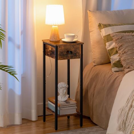 Bedside Table Set of 2, Tall Side Table 25 cm, Slim Telephone Table with Metal Frame, Narrow Bedside Table with Drawer, Open Shelf, Space Saver, Nightstand, HOOBRO EBF77BZP201