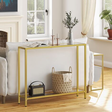 Console Table, Tempered Glass Sofa Table, Slim Hallway Table with 2 Shelves, Narrow Entryway Table, 100 x 22 x 80 cm, Modern Display Table for Living Room, Metal Frame, HOOBRO EGD04XG01