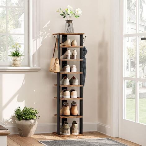 Shoe Rack Wooden Tall Shoe Rack Narrow Shoe Storage Organizer with 2 Hooks Slim Shoe Shelf