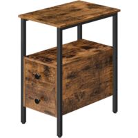 Narrow Side Table, Slim Bedside Table with 2 Drawers, Open Storage Shelf, Industrial Chair Side Lamp End Table for Small Space, Wood Bedroom Furniture, Metal Frame, HOOBRO EBF548BZ01G2