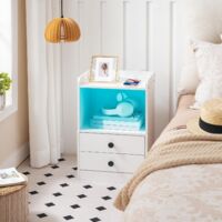 Bedside Table with Charging Station, Side Table with Adjustable LED Lights, Nightstand with 2 Drawers for Bedroom, Living Room, Cloakroom, Modern Style, White EWT28KDBZ01G1,HOOBRO
