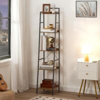 Ladder Shelf, Tall Narrow Bookcase, 5-Tier Book Shelf with Metal Frame, Tall Storage Shelf, Industrial Storage Unit for Home Office, Living Room, Bedroom, Rustic Brown and Black EBF35SJ01,HOOBRO