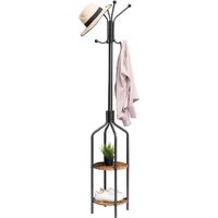 Free Standing Coat Rack, Industrial Coat Stand with 2 Shelves and 8 Hooks, Hall Tree for Clothes, Hats, Backpacks, Umbrellas, Foyer, Metal Frame, HOOBRO EBF81YM01 - Rustic Brown
