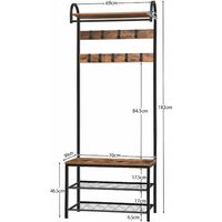 Coat Rack Stand, Industrial Hall Tree with 9 Adjustable Hooks and Storage Shelf, 70 x 30 x 182 cm, Entryway Storage Organizer, Metal Frame, Easy Assembly, HOOBRO EBF13MT01 - Rustic Brown