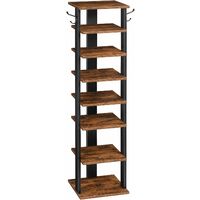 Shoe Rack 8-Tier, Wood Shoe Shelf, Narrow Shoe Storage Organizer with 2 Hooks, Tall Shoe Stand for Entrance, Hallway, Living Room, Stable and Strong, Industrial, HOOBRO EBF07XJ01 - Rustic Brown