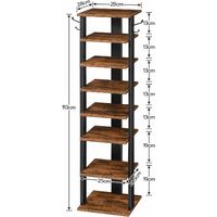 Shoe Rack 8-Tier, Wood Shoe Shelf, Narrow Shoe Storage Organizer with 2 Hooks, Tall Shoe Stand for Entrance, Hallway, Living Room, Stable and Strong, Industrial, HOOBRO EBF07XJ01 - Rustic Brown