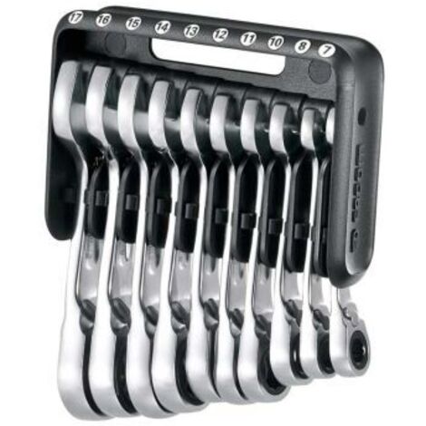 Facom – Jeu de 10 clés mixtes à cliquet courtes 7-17mm – Angle de reprise 5° – Étui portatif résistant aux chocs – Pour espaces restreints - JP10PB
