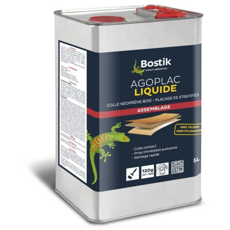Bostik – Colle néoprène liquide ambrée 5 litres – Collage sur bois, caoutchouc, cuir – Prise immédiate, séchage rapide – Pour placage décoratif