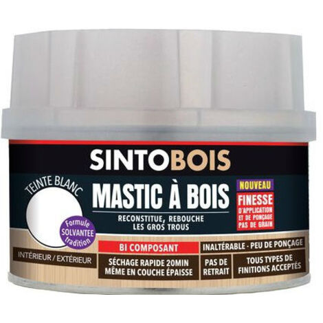 Sinto – Mastic à bois fin blanc 570g – Bi-composants sans styrène – Pour bois dur et dérivés – Ponçable et recouvrable en 25 min (1/5)