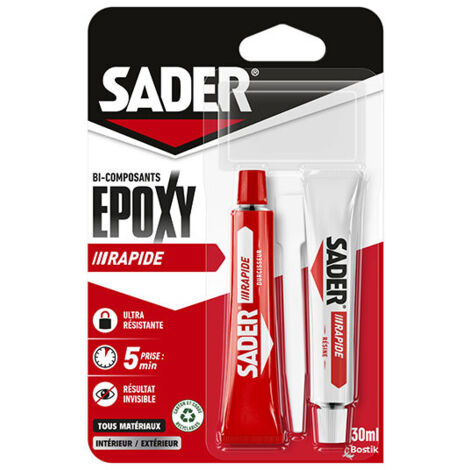 Sader – Colle époxy rapide 2 tubes 15 ml – Prise en 5 minutes – Ultra-résistante sur bois, métal, verre, béton – Résiste de -30°C à 70°C