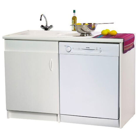 Meuble sous-évier 120cm – Mélaminé blanc 1 porte – Charnières invisibles à rappel automatique – Vérins métalliques pour mise à niveau – Nova