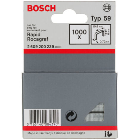 Bosch – Agrafe type 59 10,6 x 0,72 x 6 mm – 2609200239 – Pour fixation textiles et cartons – Compatible agrafeuses Rapid et Rocagraf