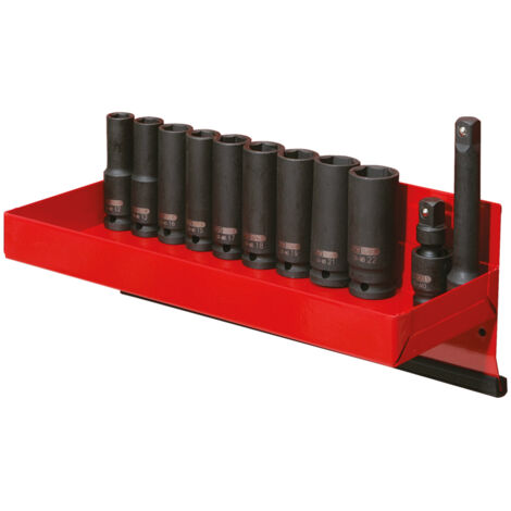 KS Tools - Présentoir de 10 douilles à chocs longues 1/2'', 12 à 22 mm, cardan et rallonge - 515.0612