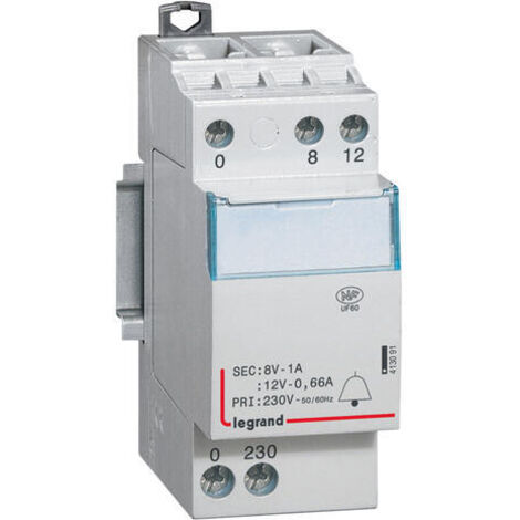Legrand – Transformateur pour tableau électrique 413091 – 230V à 8V/12V – 0,66A à 1A – Puissance 8 VA – Montage sur rail DIN