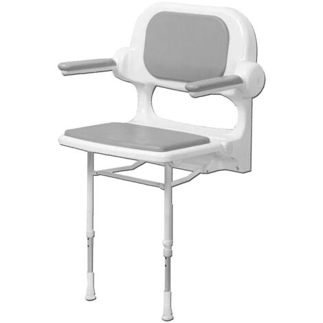AKW – Siège de douche relevable avec dossier et accoudoirs rembourrés – Hauteur réglable 467-607mm – Charge max 158kg – Design compact gris