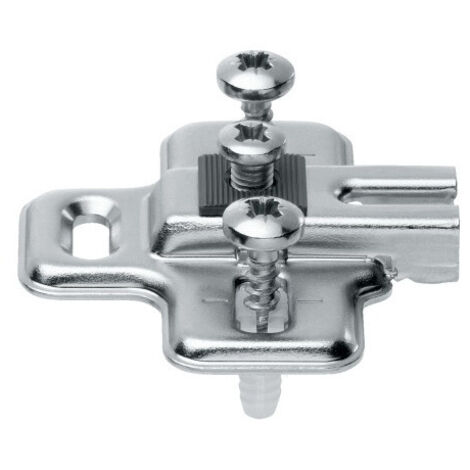 Blum – Embase cruciforme pour charnière Modul réfrigérateur acier nickelé – Réglage en hauteur ± 3 mm – Compatible vis agglo 3,5-4 mm – EMB194611 (1/2)