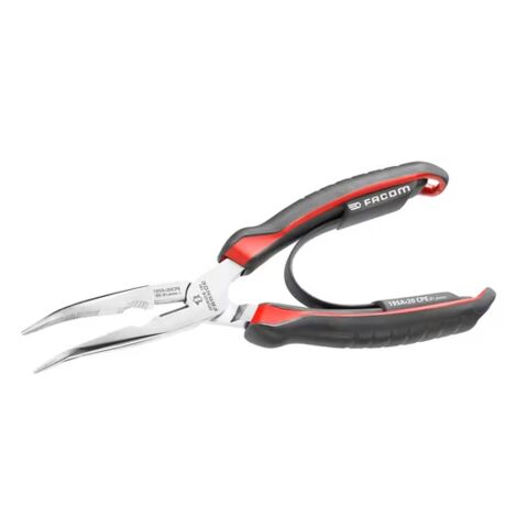 Facom – Pince à bec demi-rond long coudé 40° – Becs fins striés pour espaces confinés – Coupe-fil pour cuivre et acier dur – Gaines ergonomiques