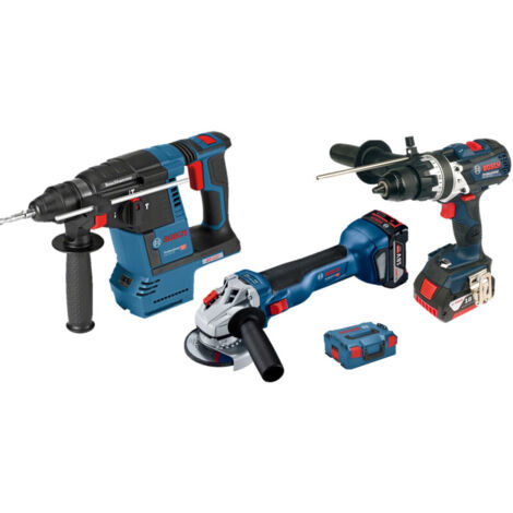Pack 3 outils 18V (GSR110 + GBH26 + GWS10) + 2 batteries 5Ah + chargeur + coffret L-BOXX - BOSCH (1/3)
