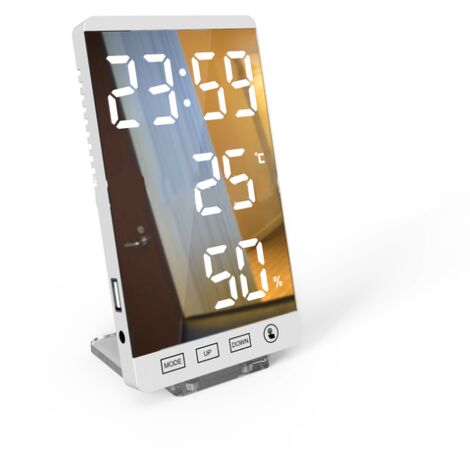 LED-Spiegeluhr Thermometer und Hygrometer elektronische Wetteruhr Wecker wei?