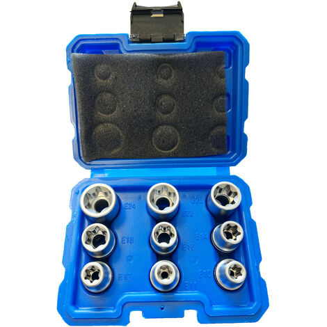 Jeu 9 douilles courtes carre 1/2 profil torx e 10 11 12 14 16 18 20 22 24 (1/2)