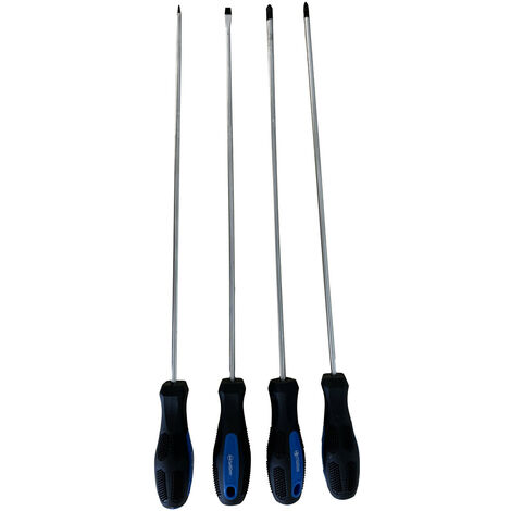 Lot de 4 tournevis extra-longs 335 mm – Acier chrome-vanadium trempé – Pointes aimantées et noircies – Pour vis difficiles d'accès