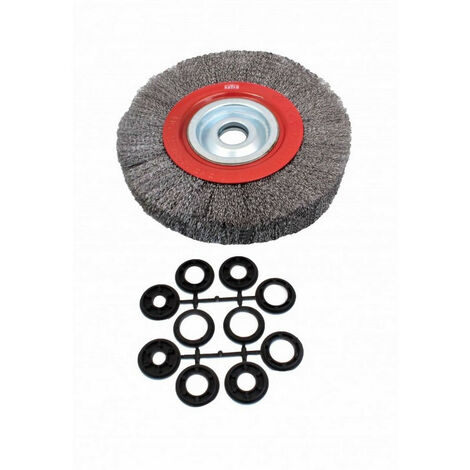 Brosse circulaire en fil d'acier 200 mm – Diamètre alésage 32 mm – 10 anneaux adaptateurs – Ébavurage et nettoyage surfaces