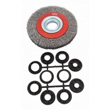 Brosse circulaire de touret 150 mm – Fil d'acier pour ébavurage et nettoyage – Alésage 32 mm – 5 jeux de bagues d'adaptation – Asta