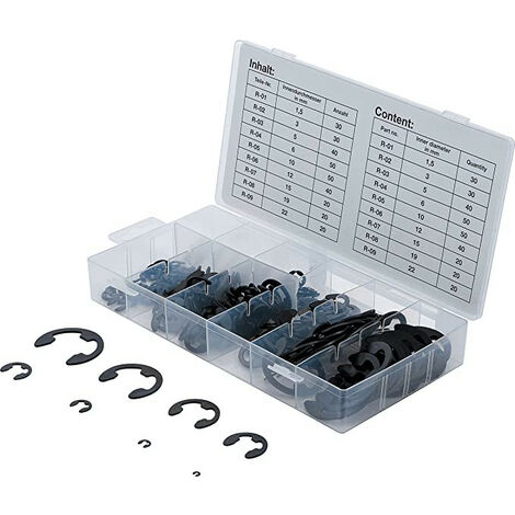 Coffret de 300 circlips type E de 1.5 à 22 mm – Acier à ressort pour applications mécaniques – Maintien d'axes et pistons – Asta