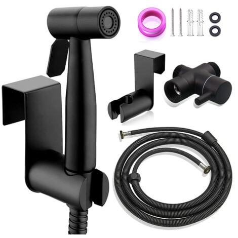 Kit hygiène + robinet 3 voies - Kit Douchette WC,Pulvérisateur de bidet à main, Douchette Toilette WC Eau Chaude et Froide avec Flexible et Support, Noir ,OUYLAF