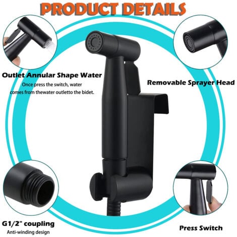 Kit hygiène + robinet 3 voies - Kit Douchette WC,Pulvérisateur de bidet à main, Douchette Toilette WC Eau Chaude et Froide avec Flexible et Support, Noir ,OUYLAF