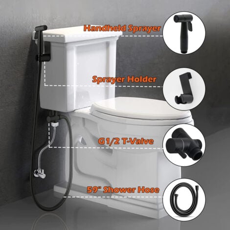 Kit hygiène + robinet 3 voies - Kit Douchette WC,Pulvérisateur de bidet à main, Douchette Toilette WC Eau Chaude et Froide avec Flexible et Support, Noir ,OUYLAF