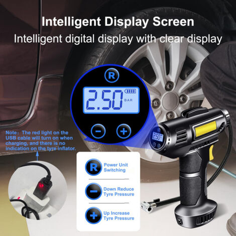 Compresseur Pneus Voiture Numérique Portable , 2000 mAh, batterie rechargeable USB, 150 psi, Avec LED et buses pour voitures, gonfleur pneu, motos, vélos，OUYLAF