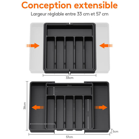 Range Couvert, Plateau d'Ustensiles Extensible pour Tiroir, Organisateur de Tiroir Réglable pour la Cuisine, Rangement Compact en Plastique pour contenir des Cuillères, Fourchettes, Noir,OUYLAF