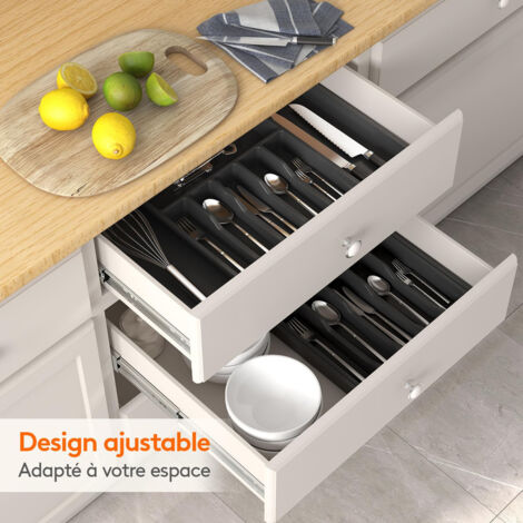 Range Couvert, Plateau d'Ustensiles Extensible pour Tiroir, Organisateur de Tiroir Réglable pour la Cuisine, Rangement Compact en Plastique pour contenir des Cuillères, Fourchettes, Noir,OUYLAF