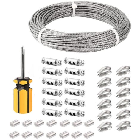 Cable Inox 3mm,50M/3mm Corde en Acier Inoxydable,Cable en Acier Revêtu avec Serre-Câbles,M3 Manchons,Cosses en Acier Inoxydable,3mm Cable Métallique pour Fil a linge,Cable de Garde Corps,OUYLAF